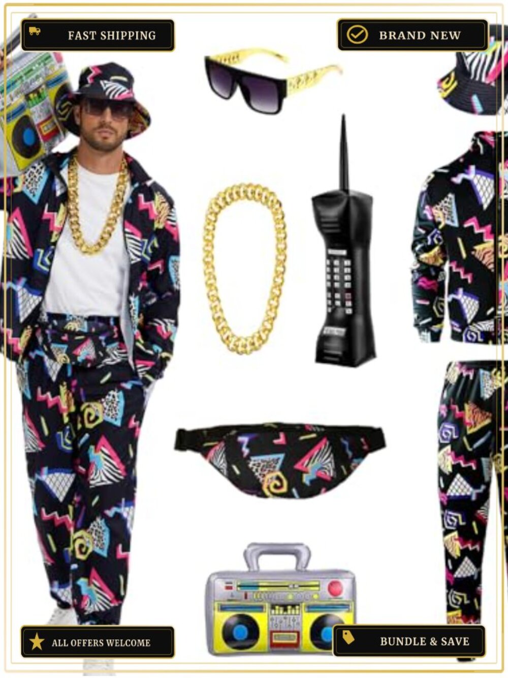 80s 90s Men Retro Costume Set Jacket Sweatpants Hat Sunglasses Bag